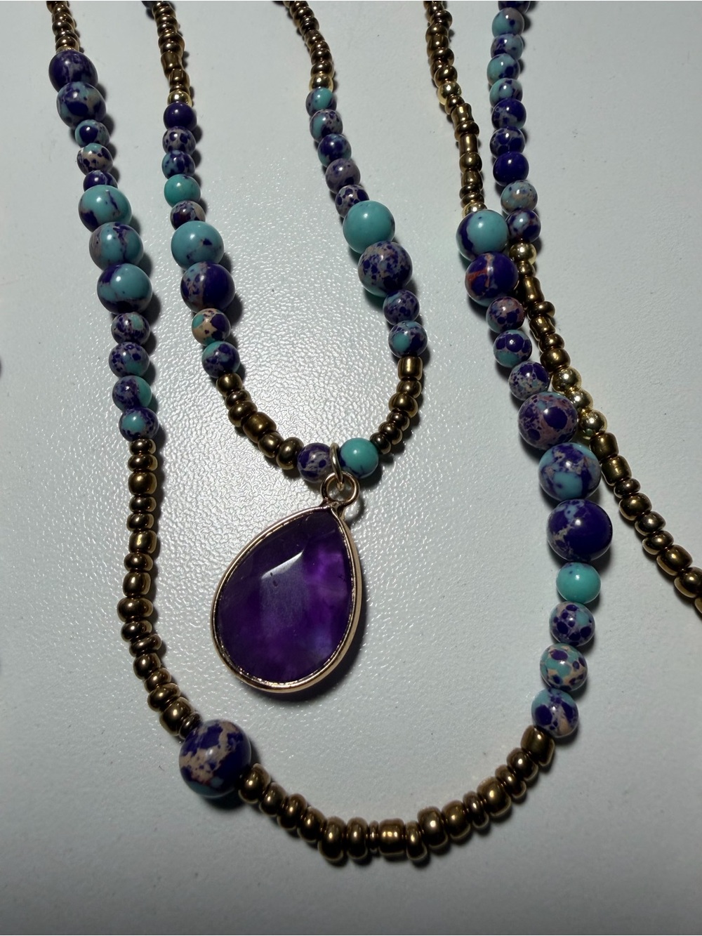 Amethyst Teardrop Pendant Beaded Necklace - Purple & Turquoise NNWT